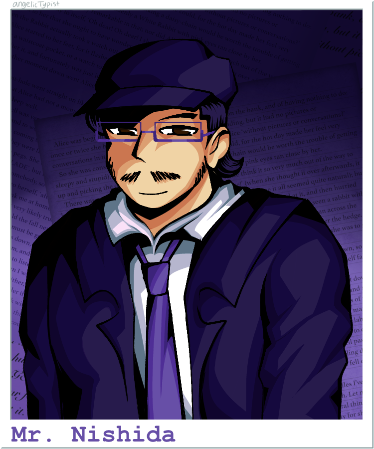 A polaroid picture of Mr. Nishida, who is standing still and smiling. A side of him seems to be covered in shadows, creating an ominous of menacing appearance. The background behind him is of shadowed pieces of written text and paper.